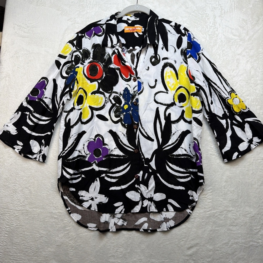 Jams World Hawaiian Floral Shirt Women Medium Tropical Resort Button Blouse